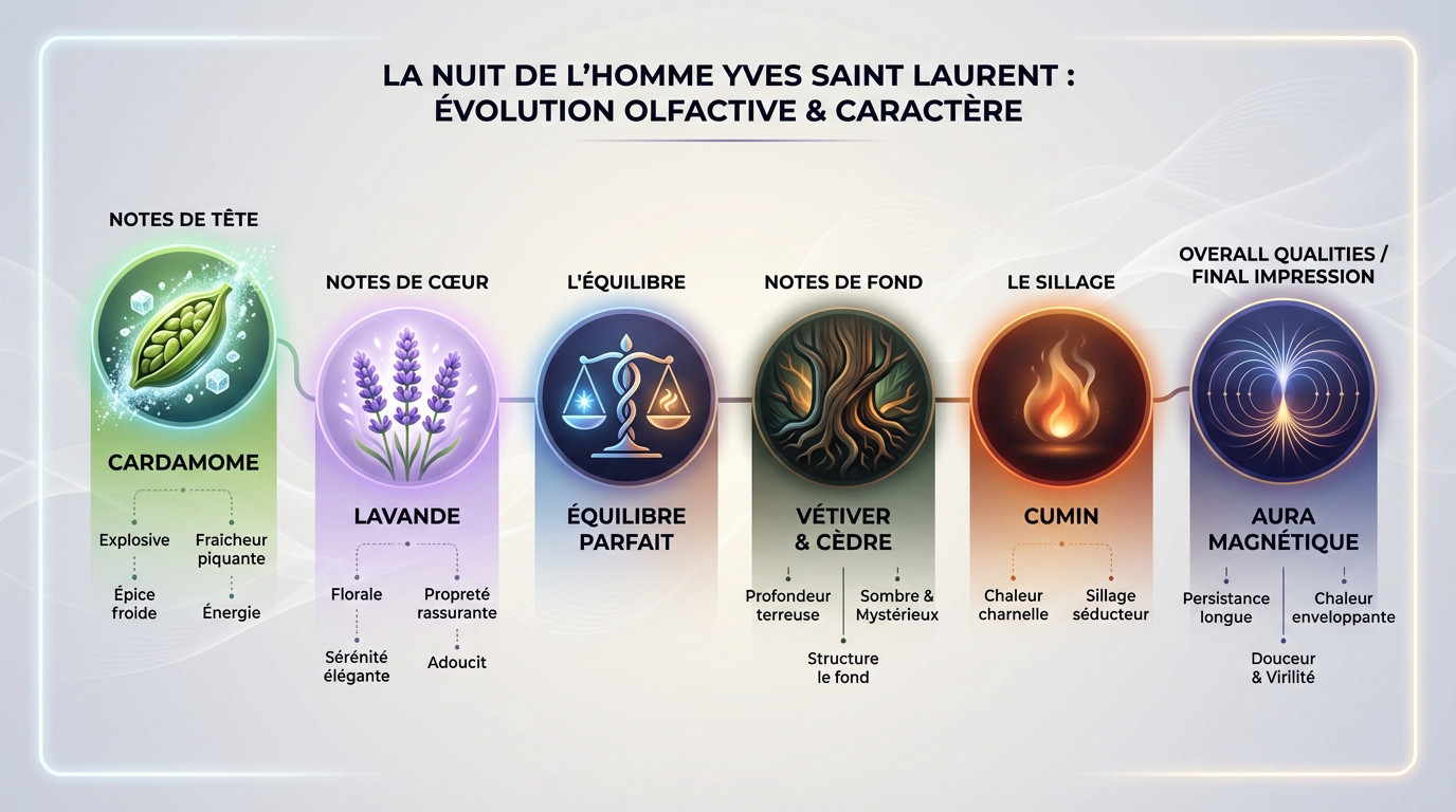 Infographie sur les notes et l'évolution de La Nuit de l'Homme YSL