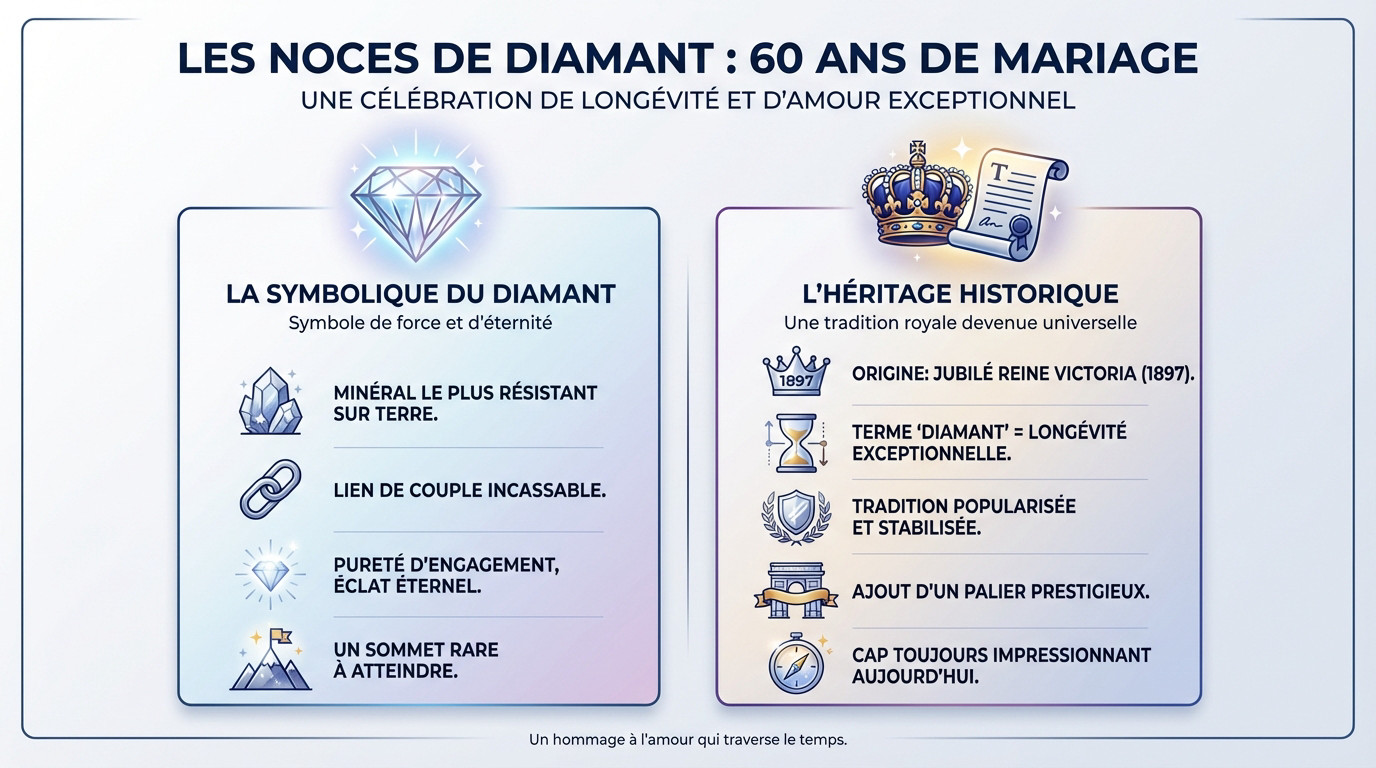 Mains âgées d'un couple tenant un diamant symbolisant la solidité des 60 ans de mariage