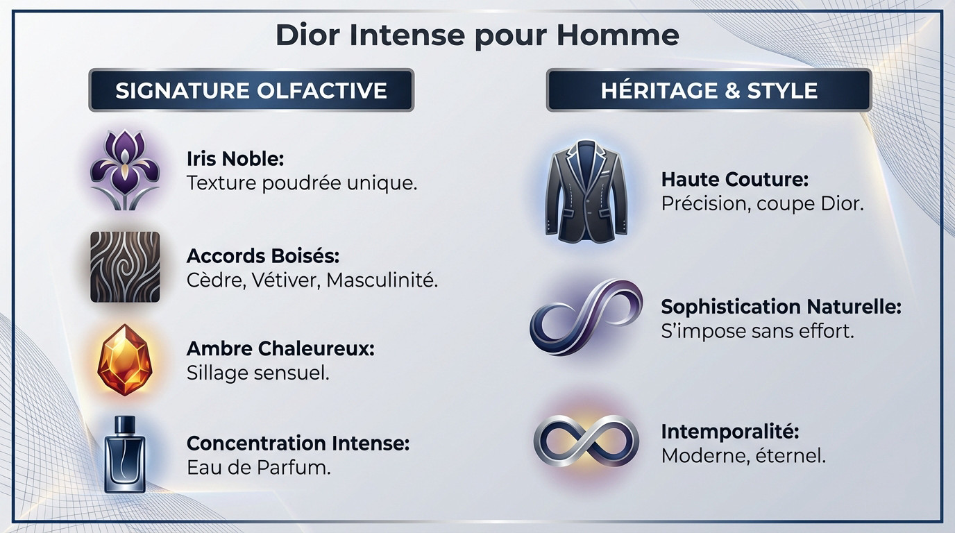 Flacon de parfum Dior Homme Intense, symbole d'élégance masculine et de raffinement.