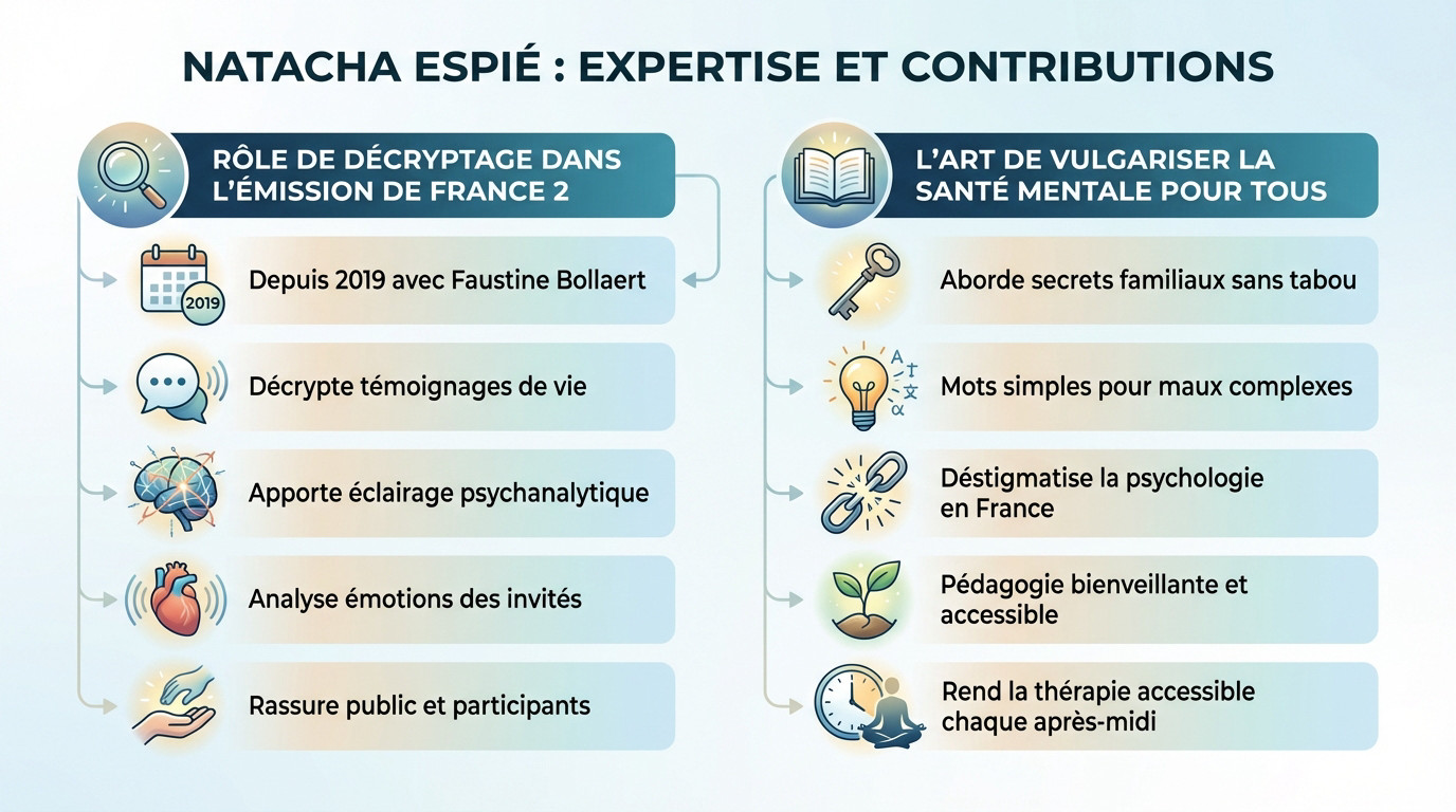 Natacha Espié, psychologue clinicienne et experte télévisuelle, apportant son analyse bienveillante sur un plateau