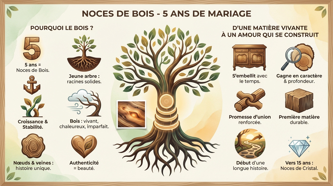 Couple célébrant ses 5 ans de mariage, symbolisés par la solidité et la chaleur du bois