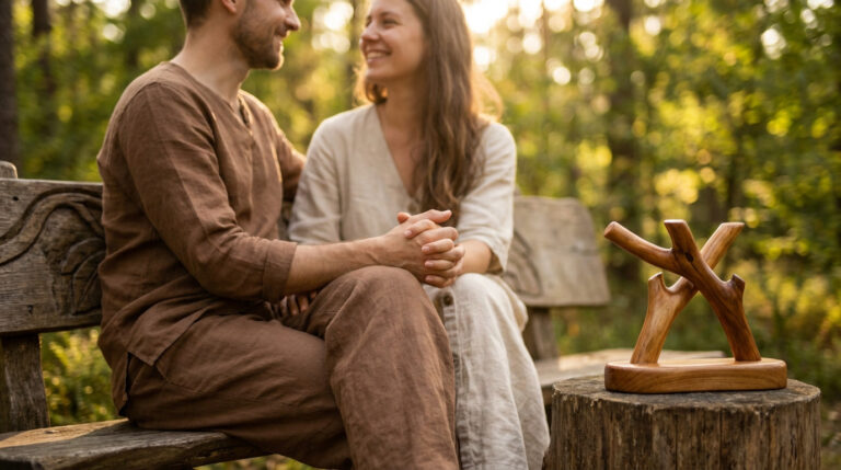 Célébration des noces de bois avec un cadeau en bois symbolisant 5 ans de mariage