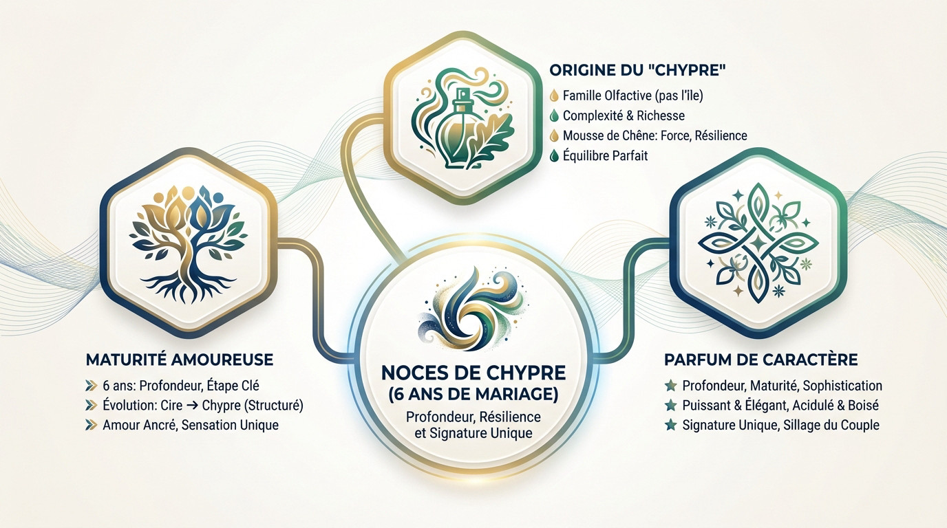 Infographie illustrant la symbolique des noces de chypre pour les 6 ans de mariage