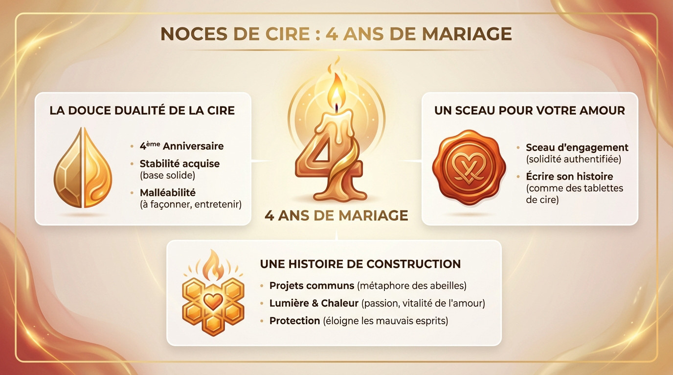 Bougie allumée et cachet de cire illustrant la solidité et la chaleur des noces de cire pour les 4 ans de mariage