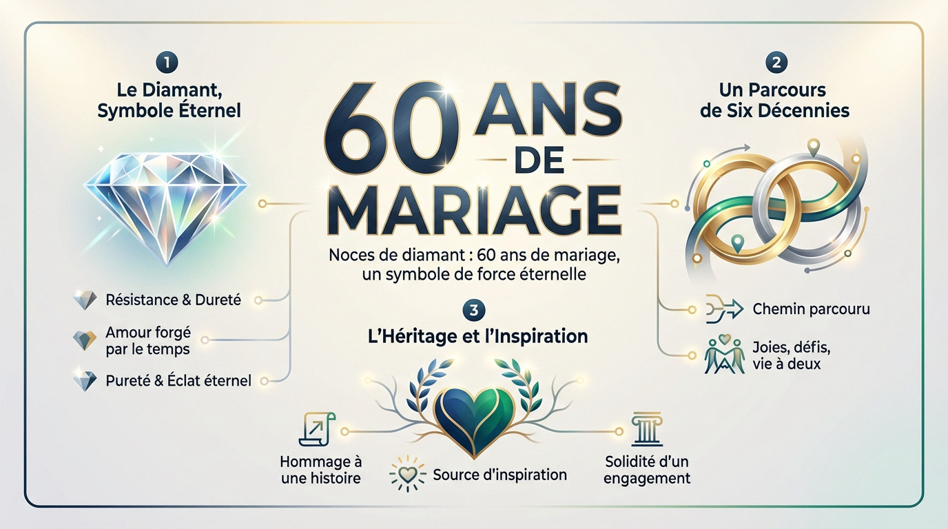 Couple heureux célébrant ses noces de diamant, symbole de 60 ans d'amour éternel et de complicité
