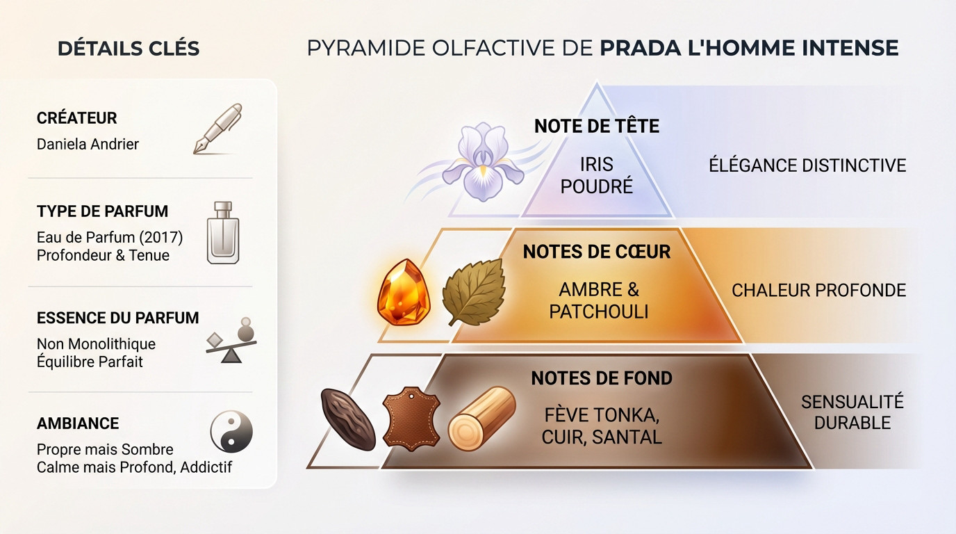 Schéma de la pyramide olfactive du parfum Prada L'Homme Intense mettant en avant l'iris et le cuir