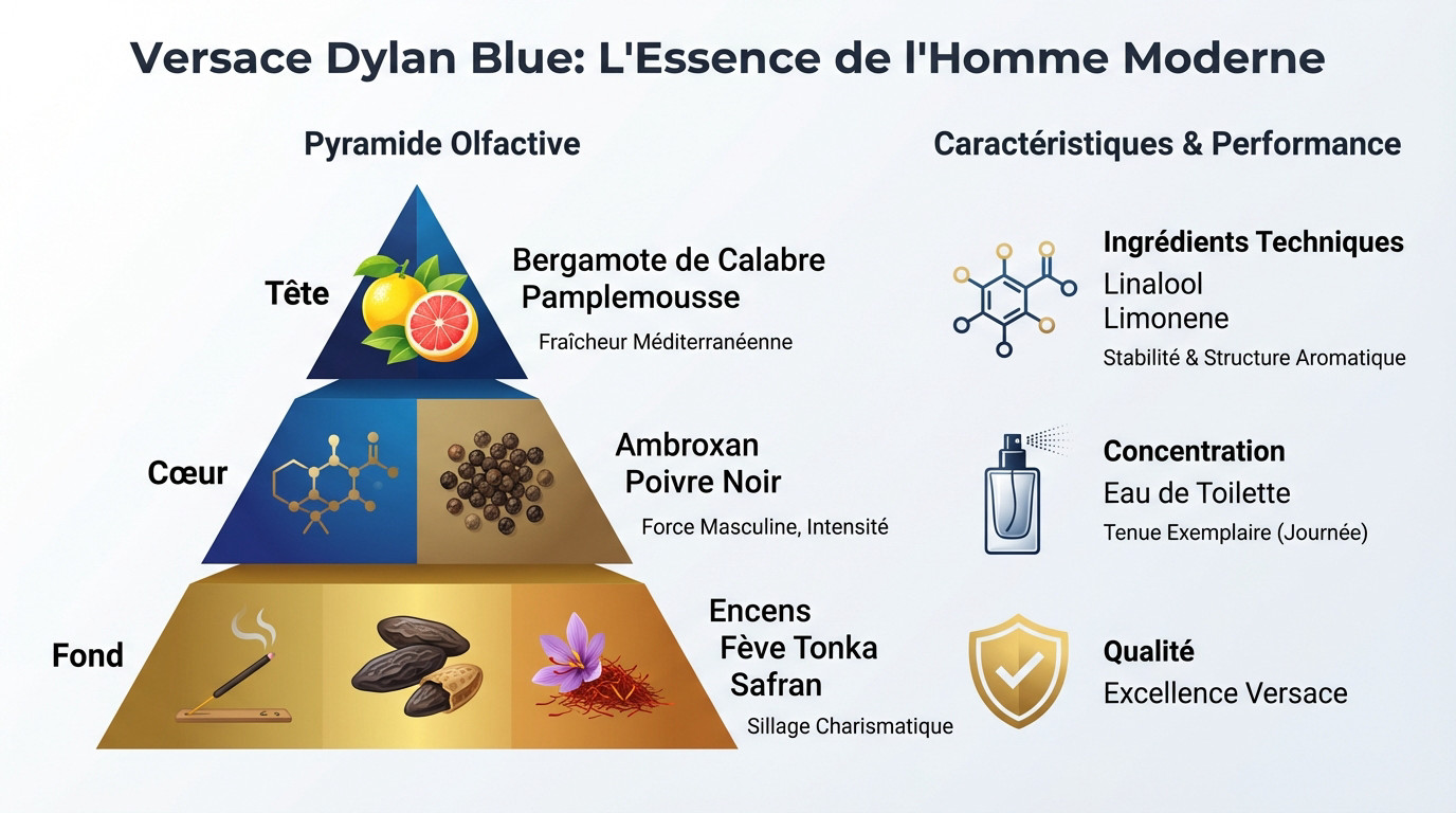 Infographie décrivant l'essence de l'homme moderne selon Versace Dylan Blue