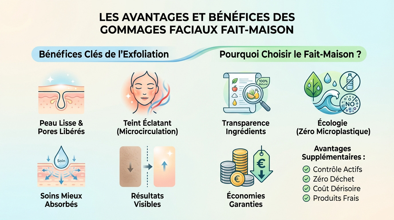 Ingrédients naturels pour gommage visage maison : citron, miel, avoine et huiles végétales disposés sur une table