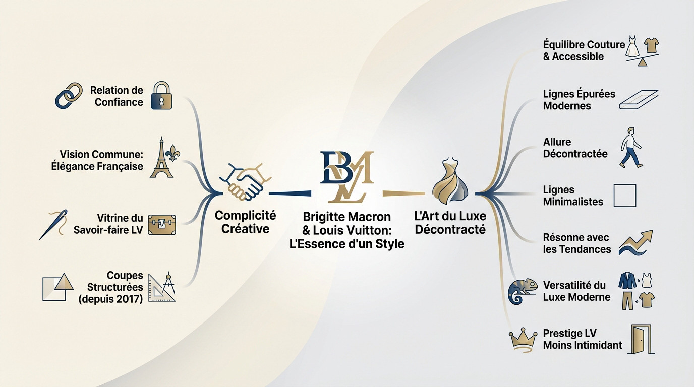 Brigitte Macron portant une création Louis Vuitton aux lignes structurées et modernes