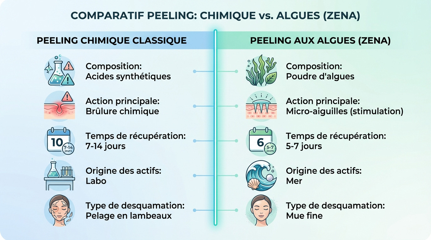 Tableau comparatif entre le peeling chimique et le peeling aux algues Zena montrant les différences de composition et de récupération