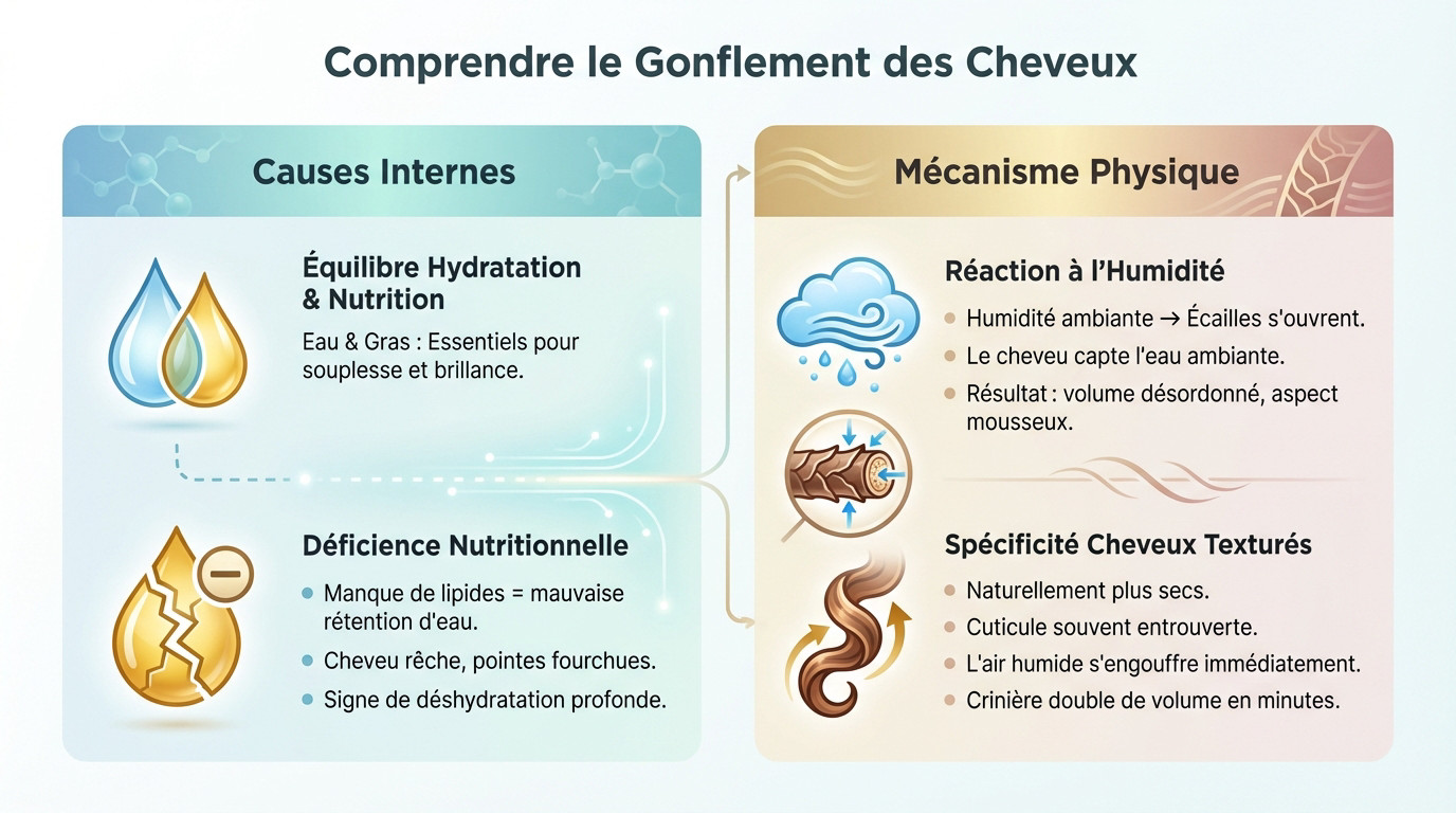 Cheveux mousseux et gonflés par l'humidité ambiante