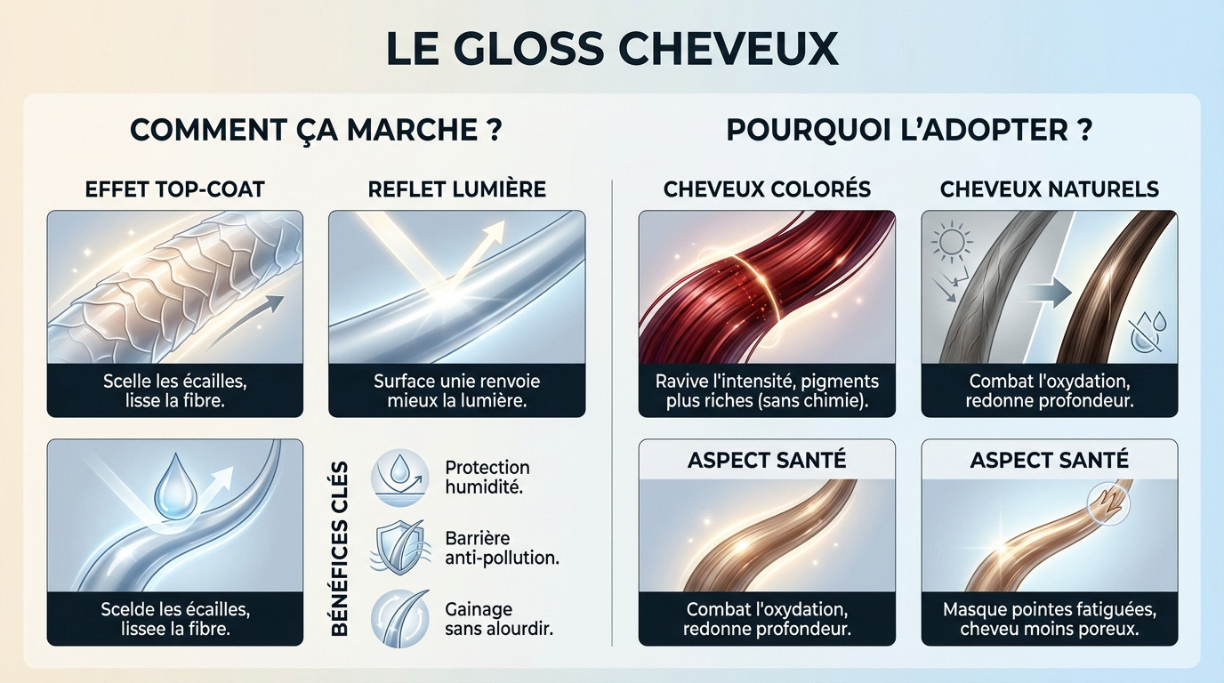 Application d'un gloss cheveux pour une brillance miroir et une protection de la fibre capillaire