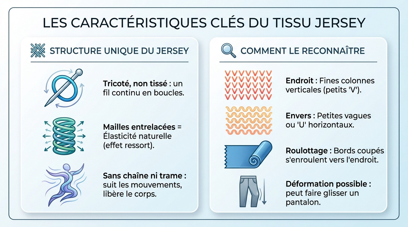 Illustration détaillée de la structure des mailles du tissu jersey montrant l'endroit et l'envers