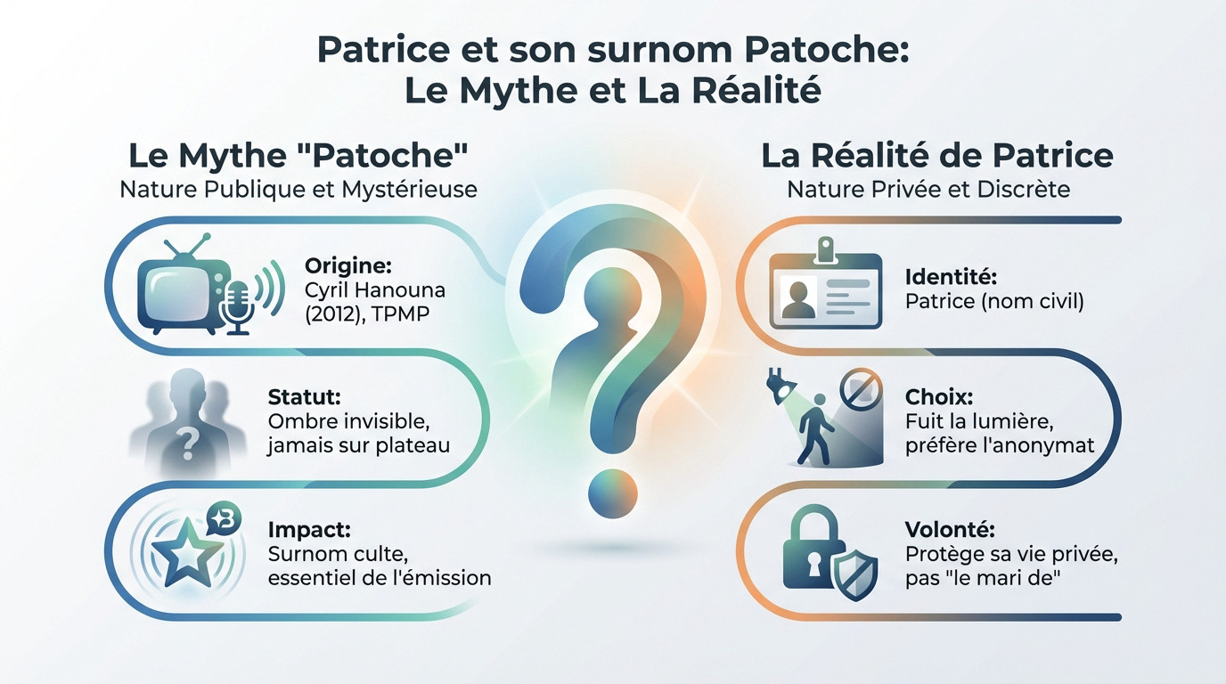 Illustration symbolique du mystère entourant Patrice dit Patoche, le compagnon discret de Valérie Benaïm