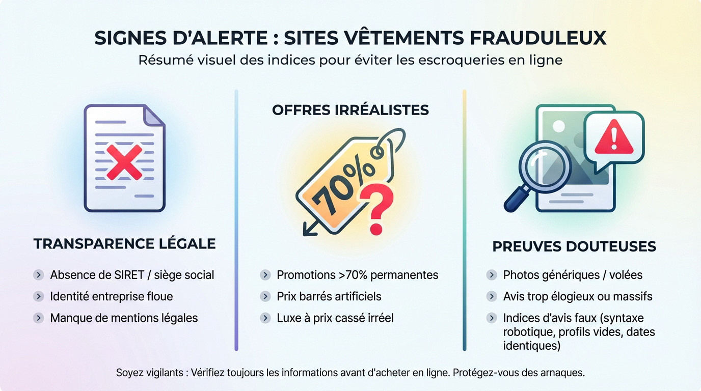 Infographie détaillant les indices visuels et légaux pour identifier un site de vêtements frauduleux
