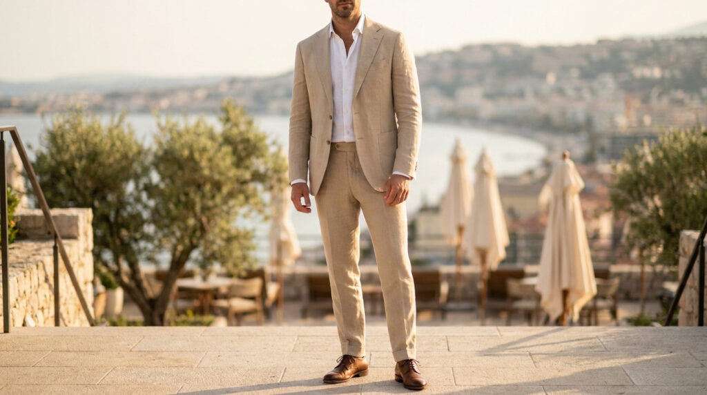 Homme en costume de lin sable, chemise blanche ouverte, et chaussures marron, posant sur une terrasse avec vue sur la mer Méditerranée et une ville côtière.
