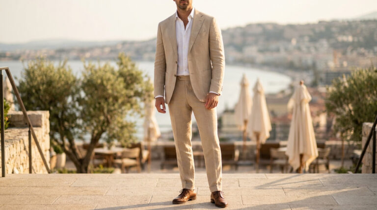 Homme en costume de lin sable, chemise blanche ouverte, chaussures marron, sur une terrasse méditerranéenne ensoleillée avec vue mer.