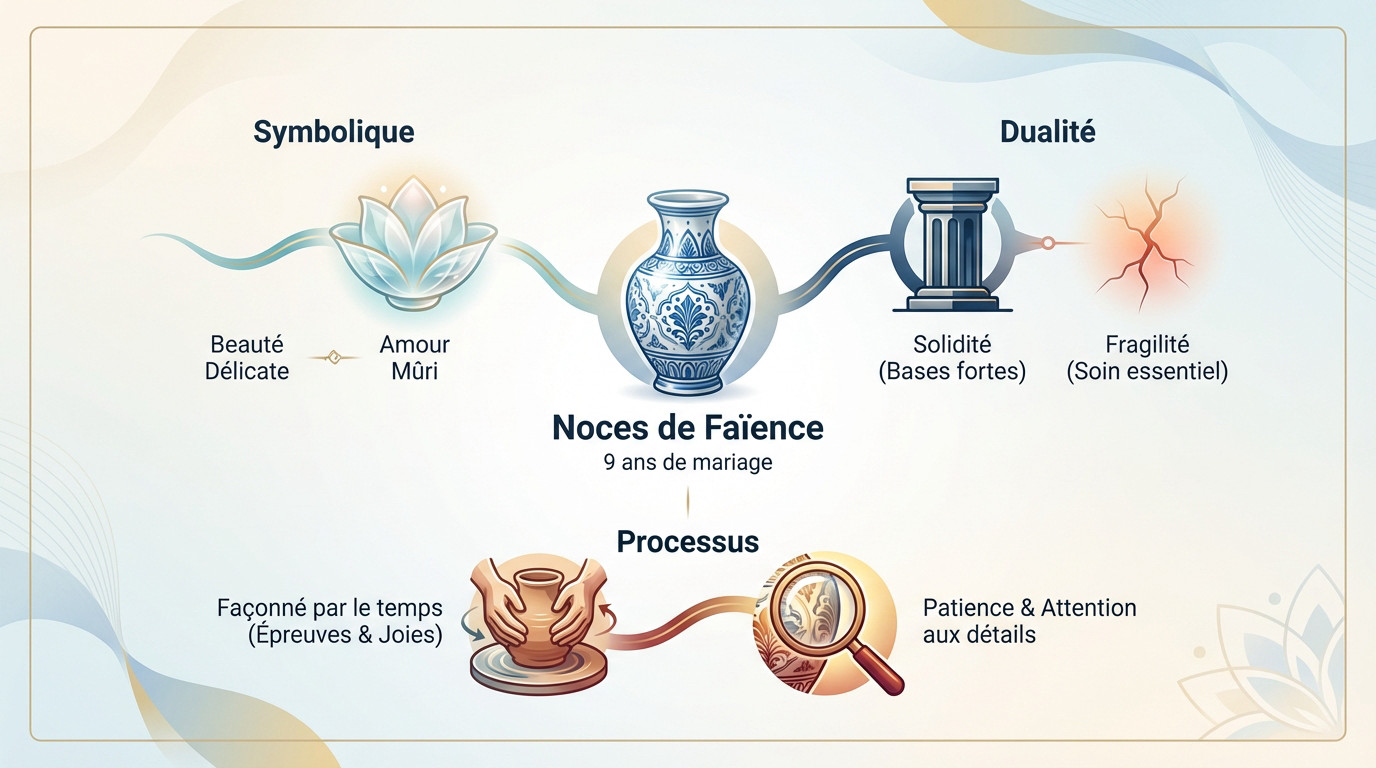 Infographie illustrant la symbolique et la signification des noces de faïence pour les 9 ans de mariage