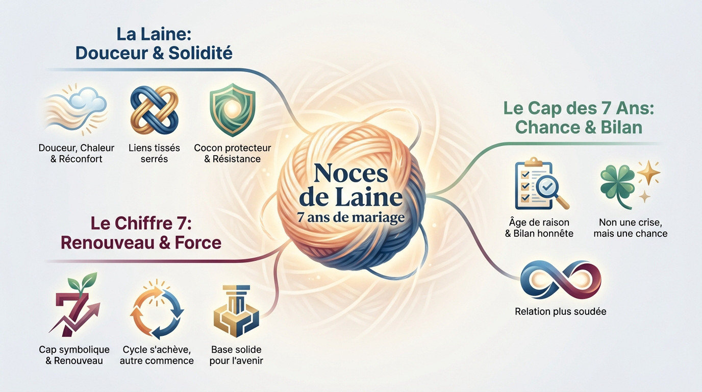 Infographie illustrant la symbolique et les idées cadeaux pour les noces de laine 7 ans de mariage