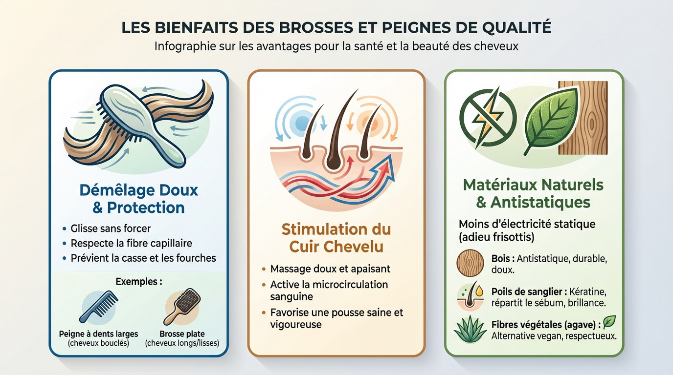 Femme se brossant les cheveux avec une brosse en poils naturels pour stimuler la brillance