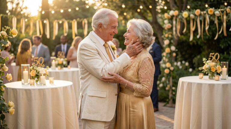 Célébration des noces d'or avec un couple heureux entouré de décorations dorées