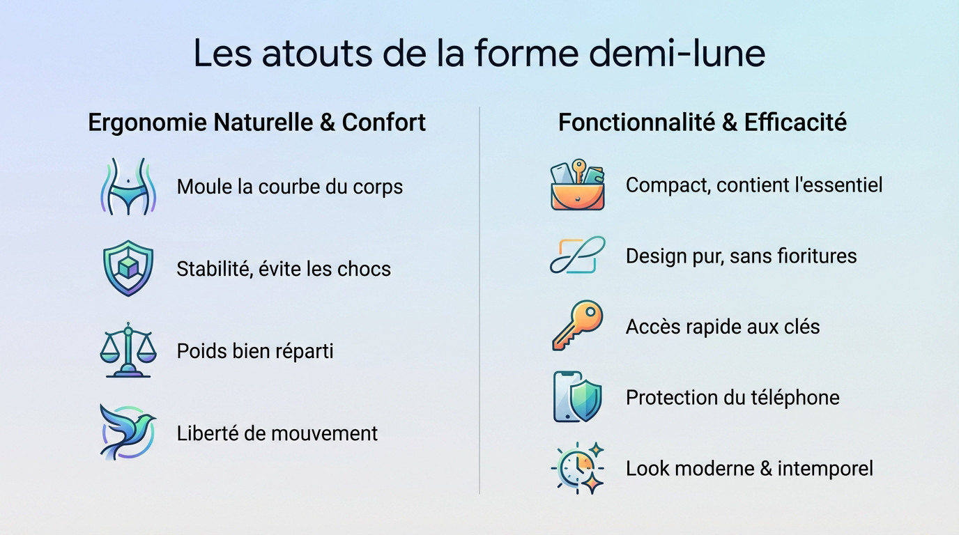 Femme portant un sac demi-lune beige en bandoulière pour illustrer le confort ergonomique