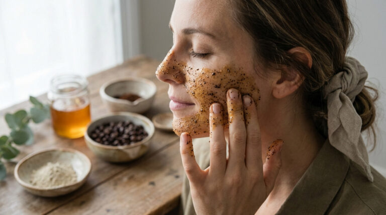 Gommage visage maison avec ingrédients naturels comme miel et café pour une peau éclatante