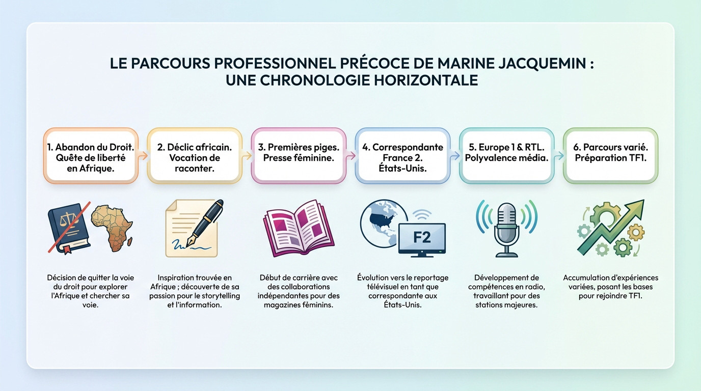Chronologie du parcours professionnel de la journaliste Marine Jacquemin