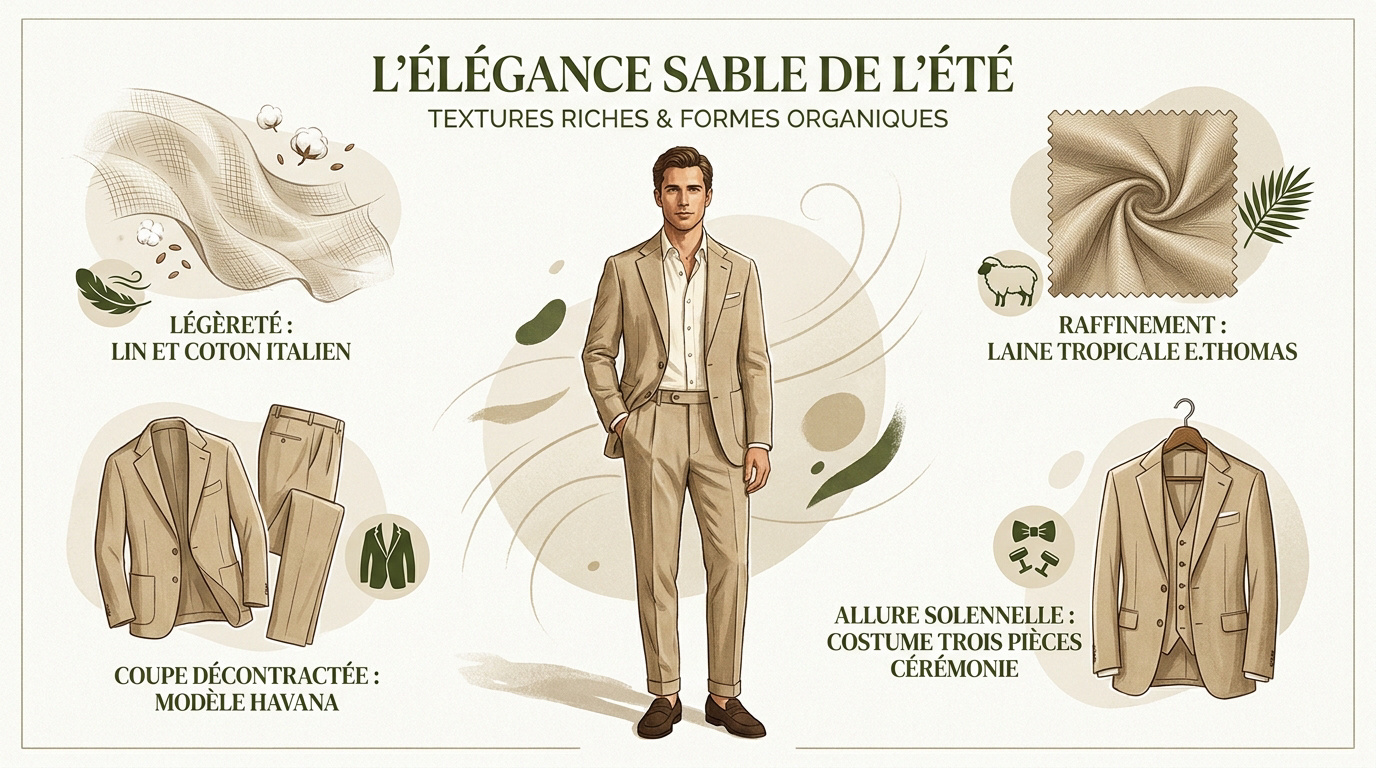 Homme élégant portant un costume couleur sable en lin pour l'été