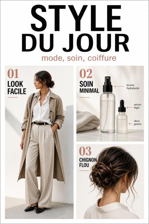 Mode & beauté : look quotidien, routine skincare et chignon de fin de journée dans une composition éditoriale