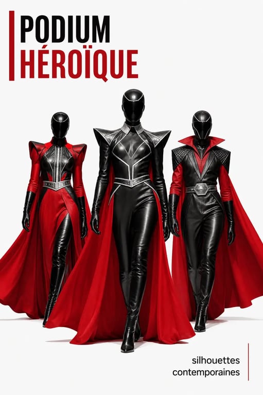 L'influence des super-héros sur le design de mode contemporain illustrée par des silhouettes de défilé avec cape, masque et armure textile