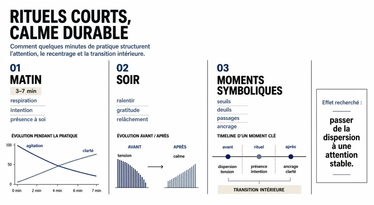 L'influence des rituels spirituels sur notre bien-être quotidien : visuel éditorial sur les effets du matin, du soir et des moments symboliques
