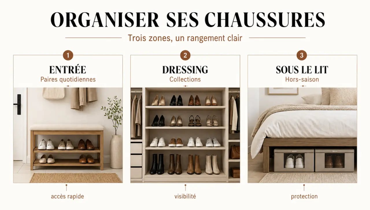 L'art de bien ranger ses chaussures et accessoires mode : schéma d'organisation par zone de la maison